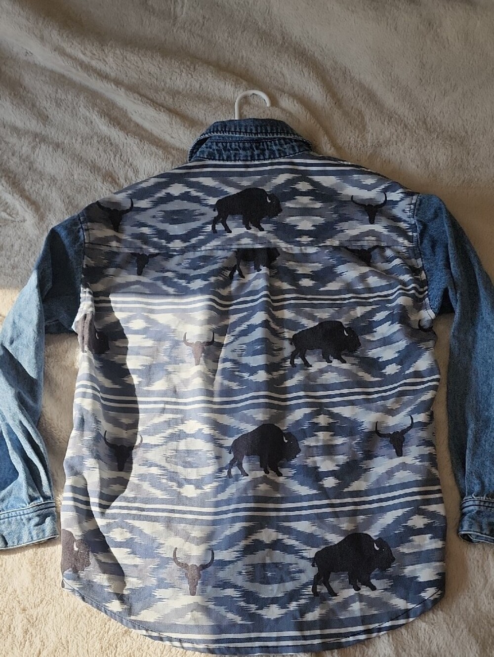 Rowdy Crowd Western Aztec Buffalo Denim Button Up Shirt Cowgirl Rodeo Shirt | S - Picture 6 of 6